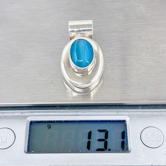 Vintage Mexico Taxco TO-25 Sterling Sterling Silver 925 Blue Cat's Eye Pendant - Picture 8 of 8